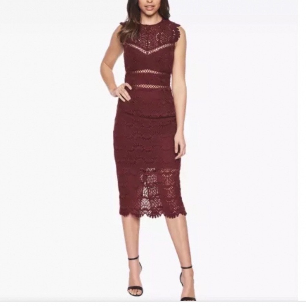 Bardot Mariano Burgundy Lace Midi Dress XS Sheer Cutout Cocktail